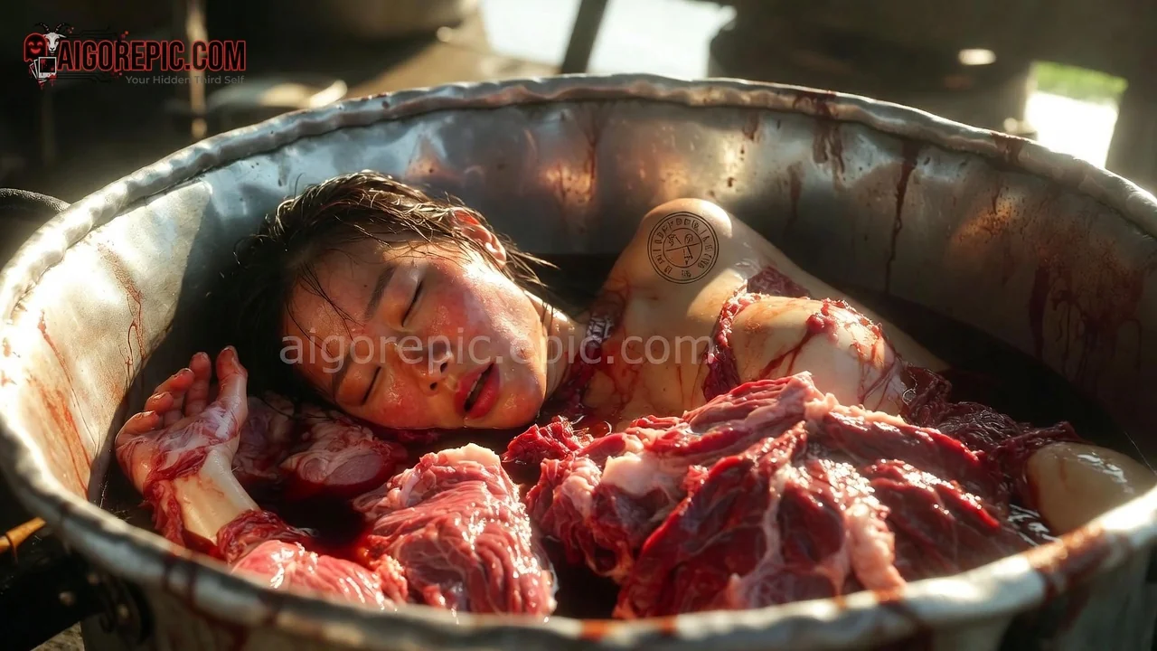 Woman in Bloody Meat Bath - AI Generated Horror