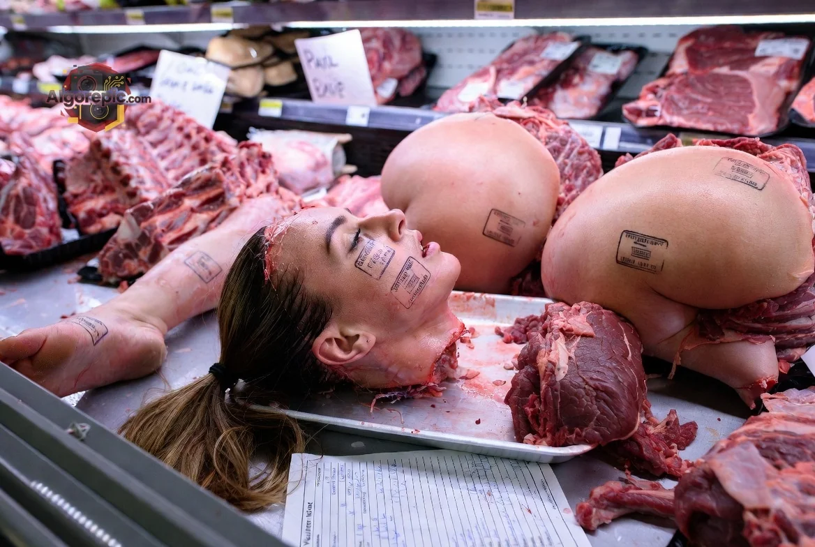 Woman in Butcher Shop Display - AI Generated Horror