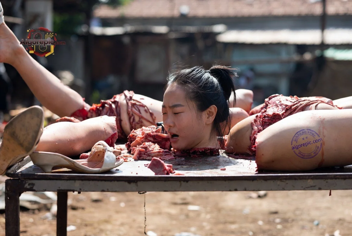 Woman in Meat Market Scene - AI Generated Horror