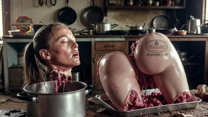 Woman with Meat in Kitchen