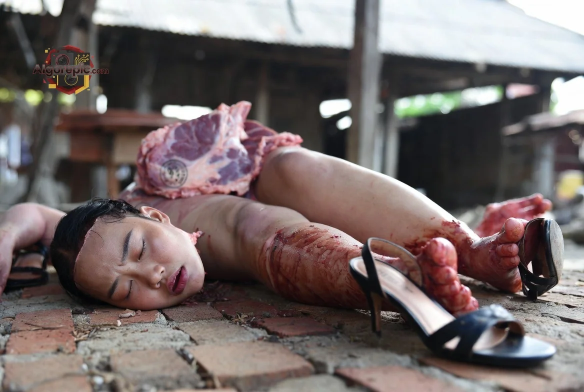 Woman with Meat on Ground - AI Generated Horror