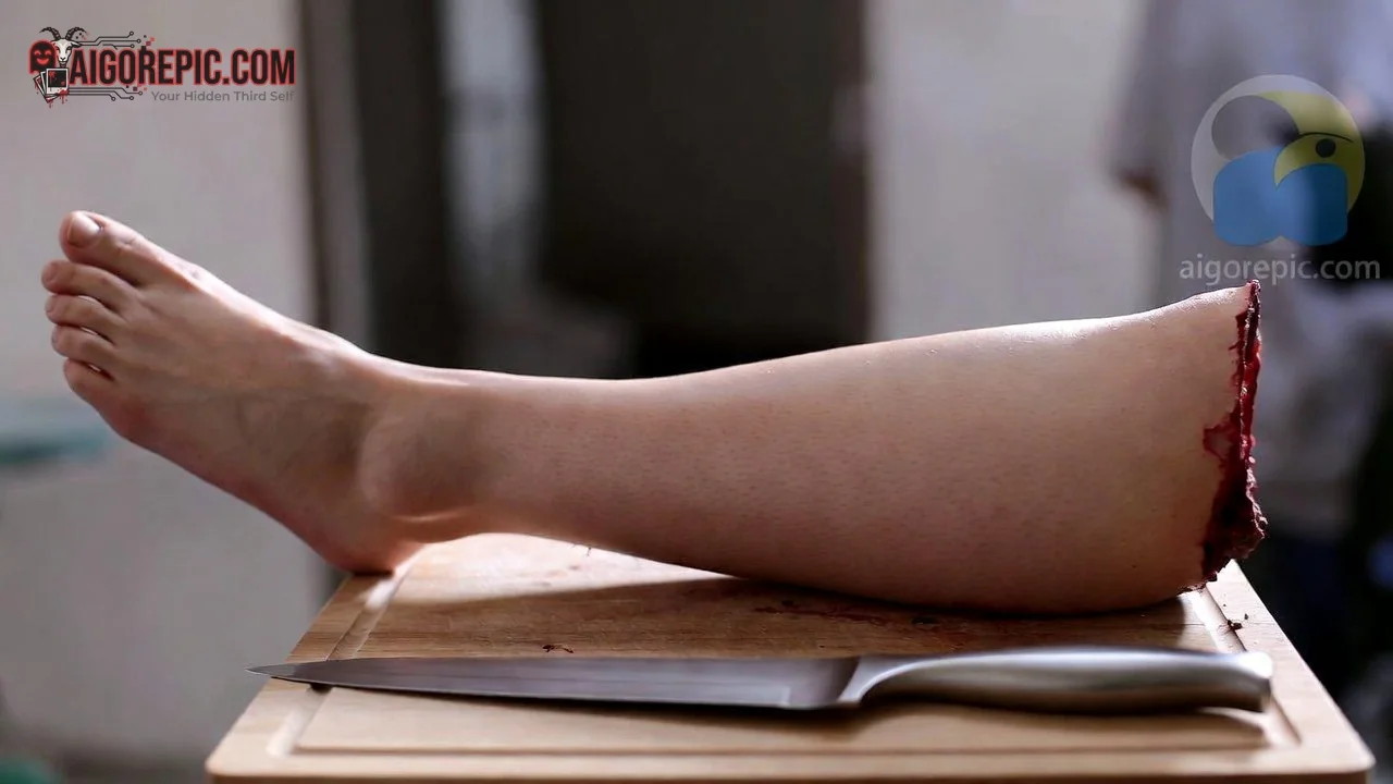 Severed Female Leg on Cutting Board - AI Generated Horror