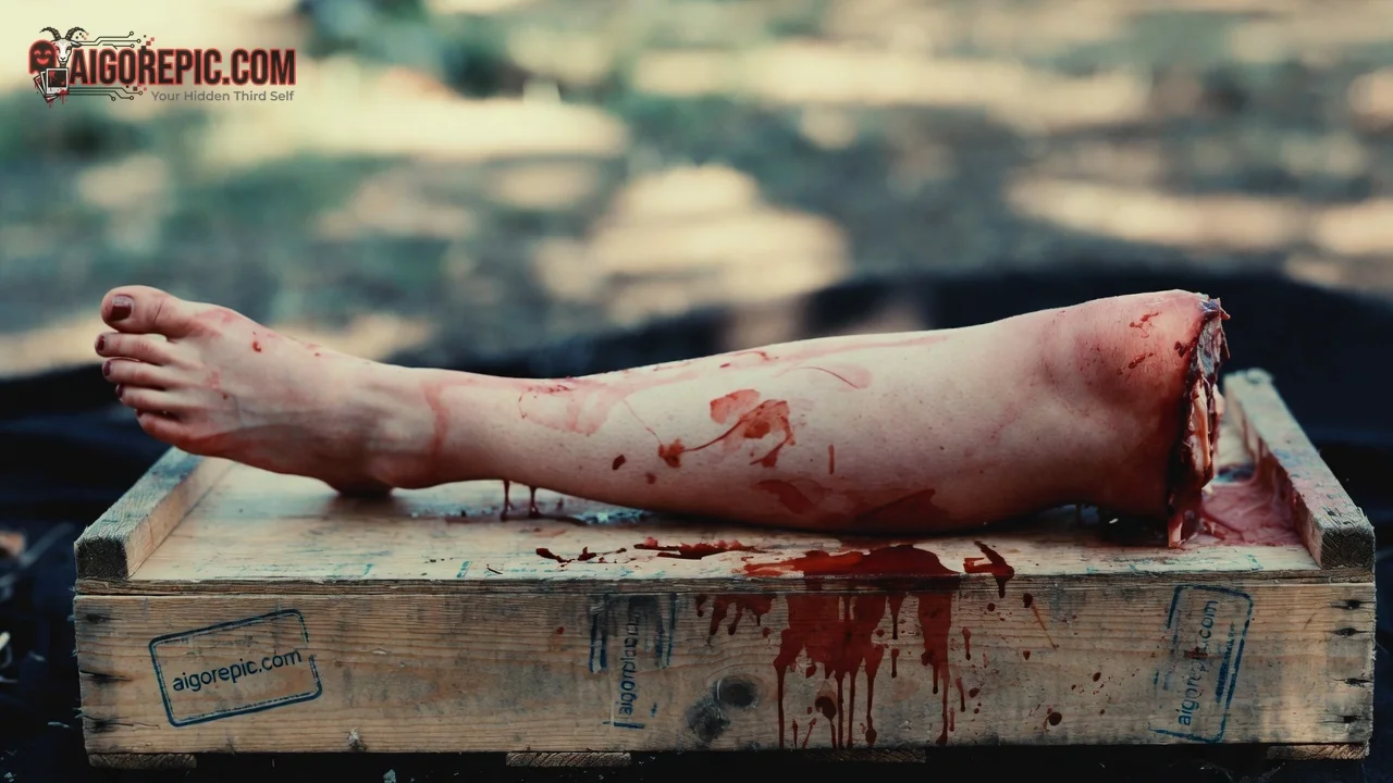 Severed Leg on Crate - AI Generated Horror