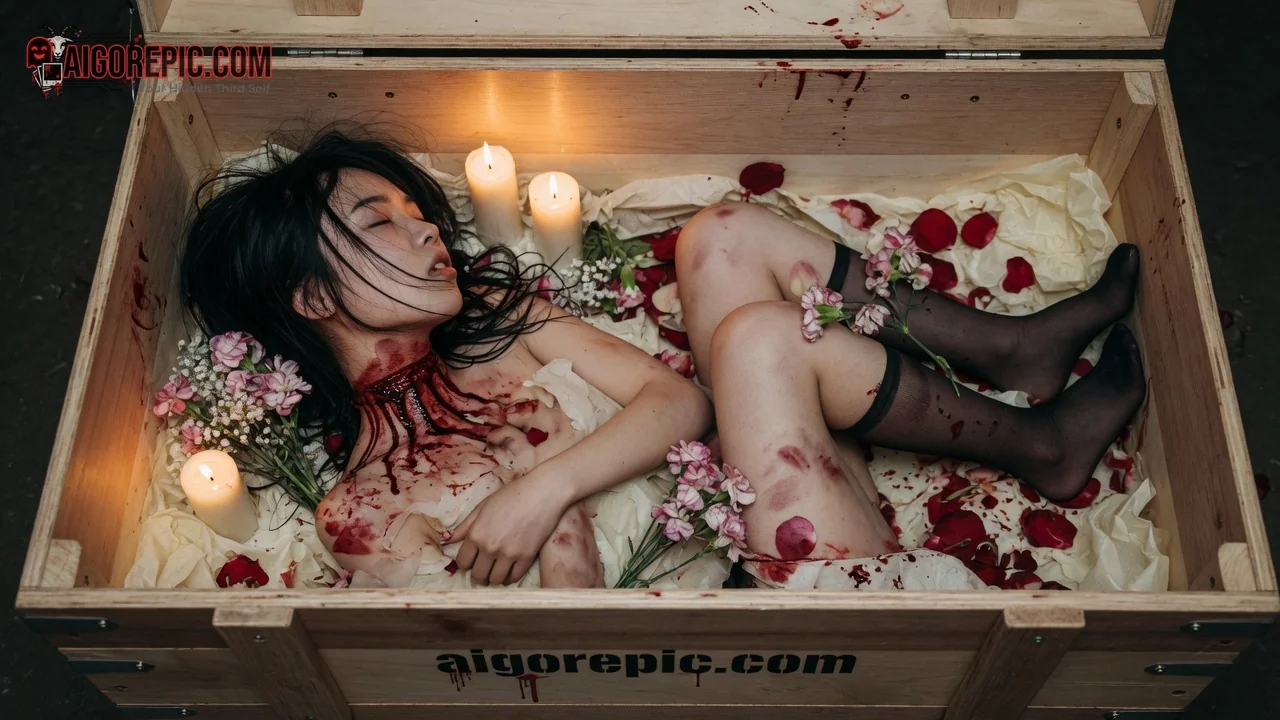 Bloody Woman in Candlelit Coffin - AI Generated Horror