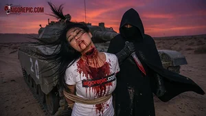 Masked Figure Slashing Bound Woman