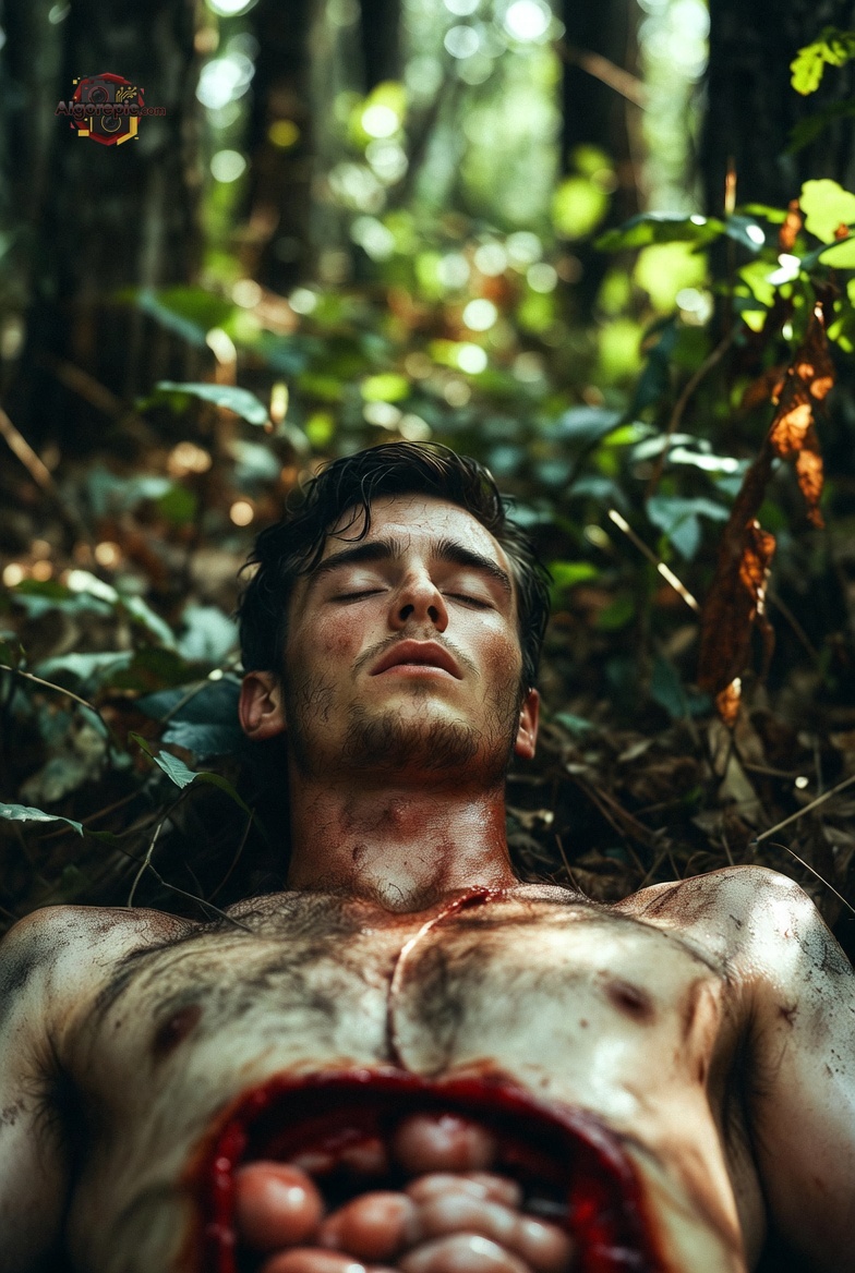 Man in Forest with Exposed Organs - AI Generated Horror