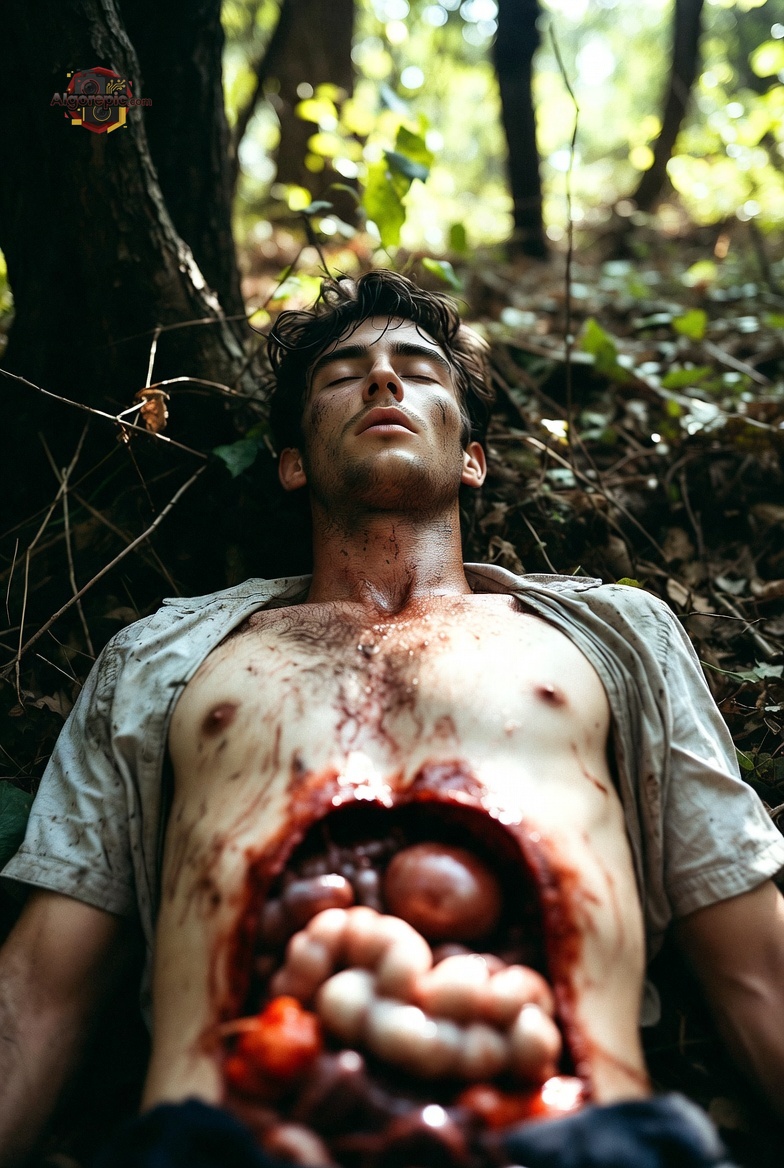 Man with Exposed Organs in Forest - AI Generated Horror