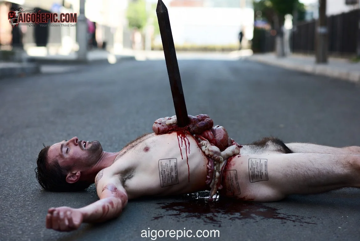 Man with Sword in Chest - AI Generated Horror