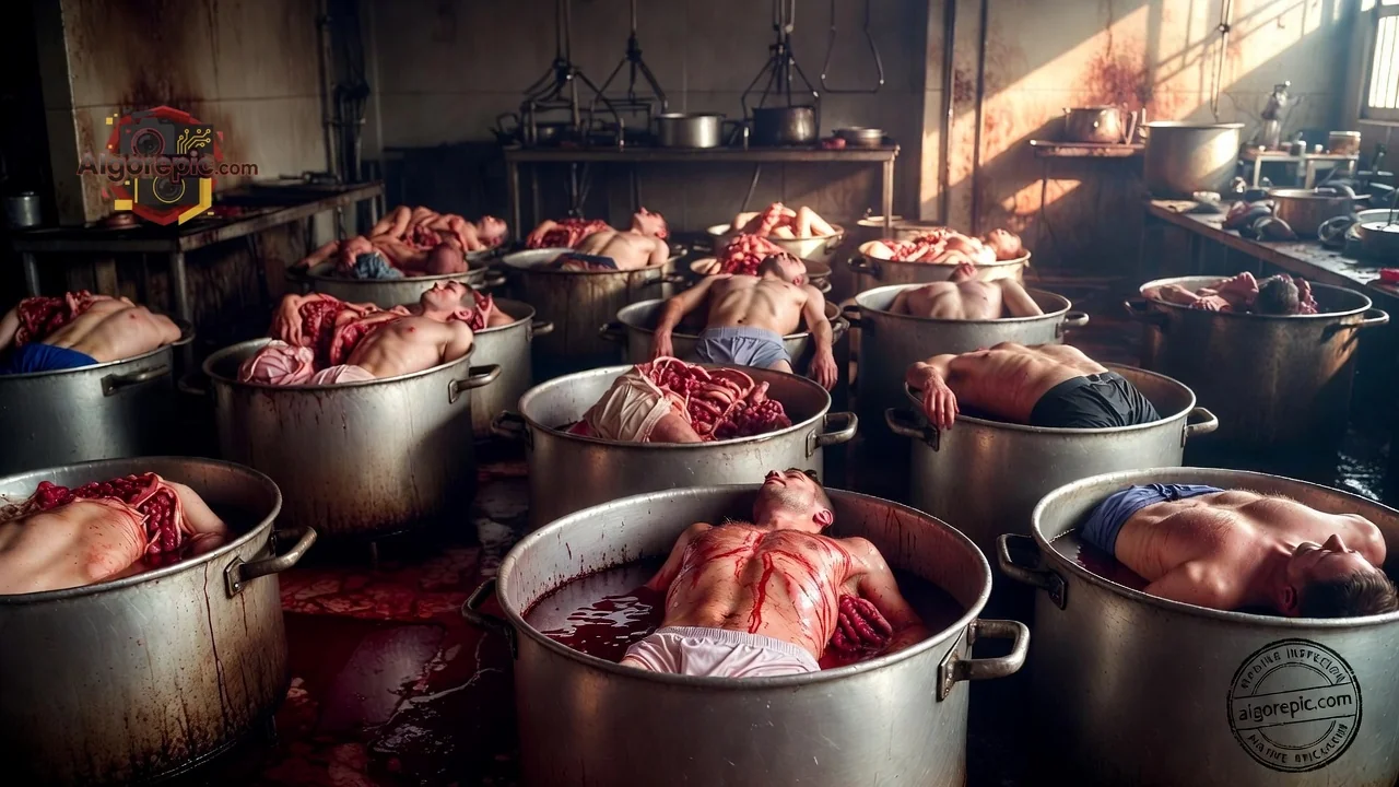 Men in Blood-Filled Pots - AI Generated Horror