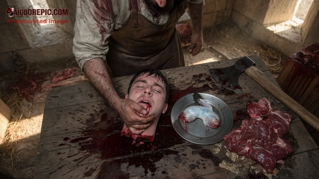 Bloody Butcher Holding Severed Head - AI Generated Horror