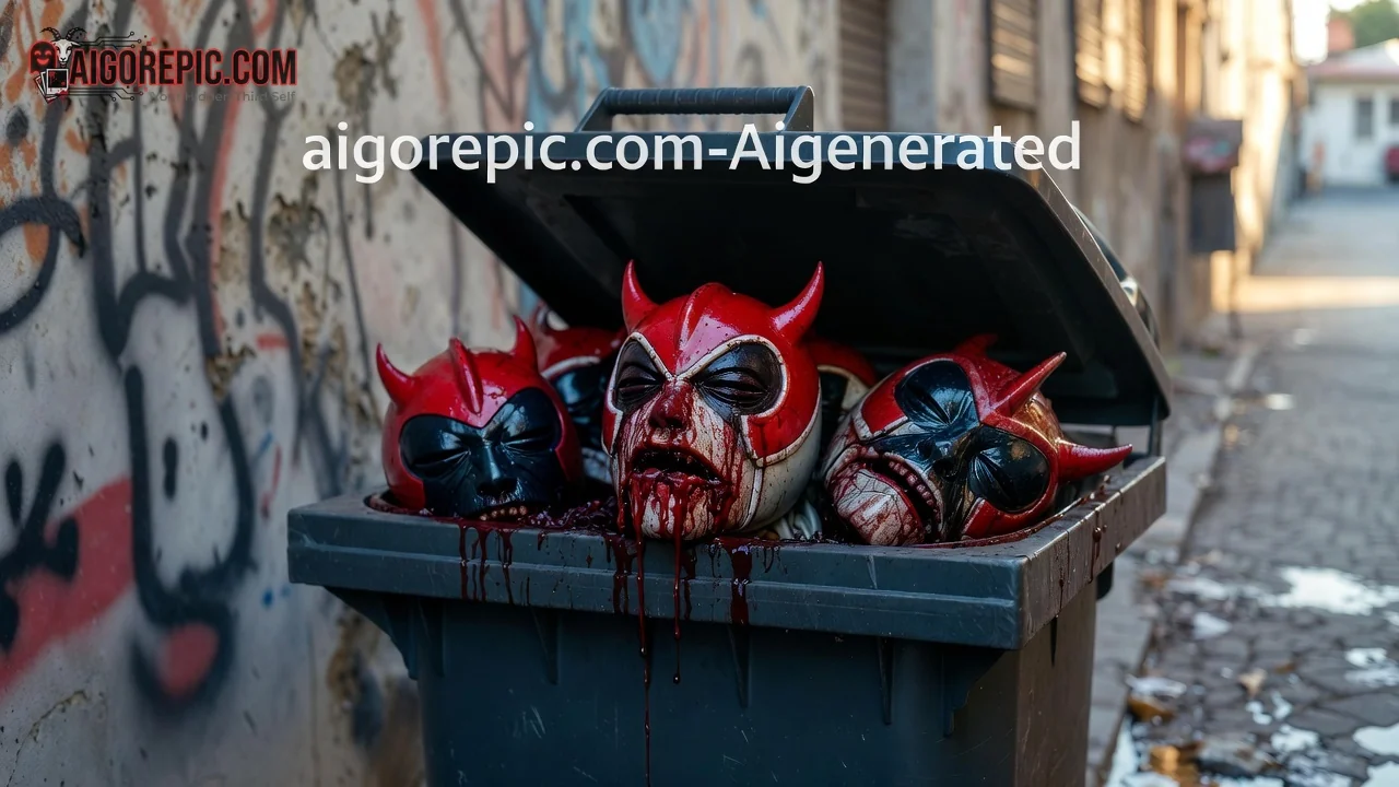 Bloody Devil Masks in Dumpster - AI Generated Horror