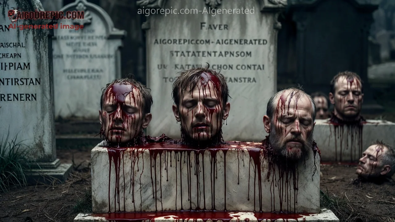 Bloody Severed Heads on Tombstone - AI Generated Horror