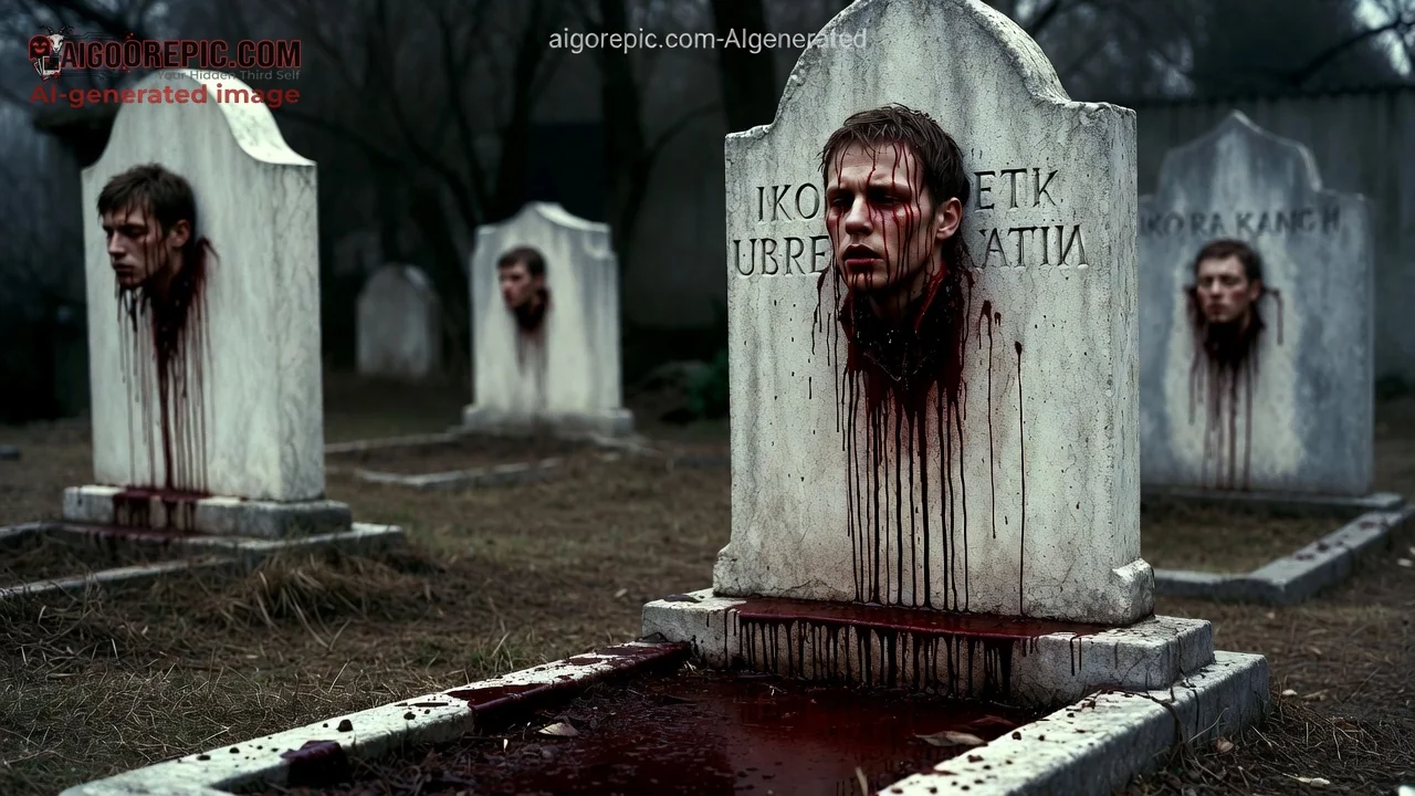 Bloody Severed Heads on Tombstones - AI Generated Horror