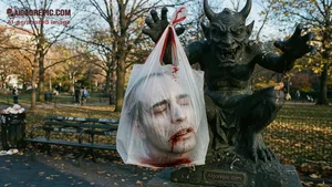 Demon Statue Holds Bloody Head