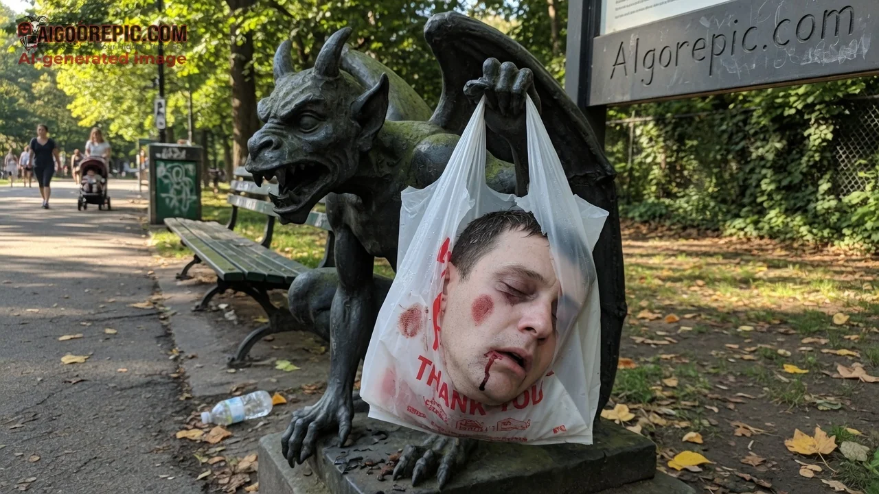 Gargoyle Holding Bloody Head Bag - AI Generated Horror