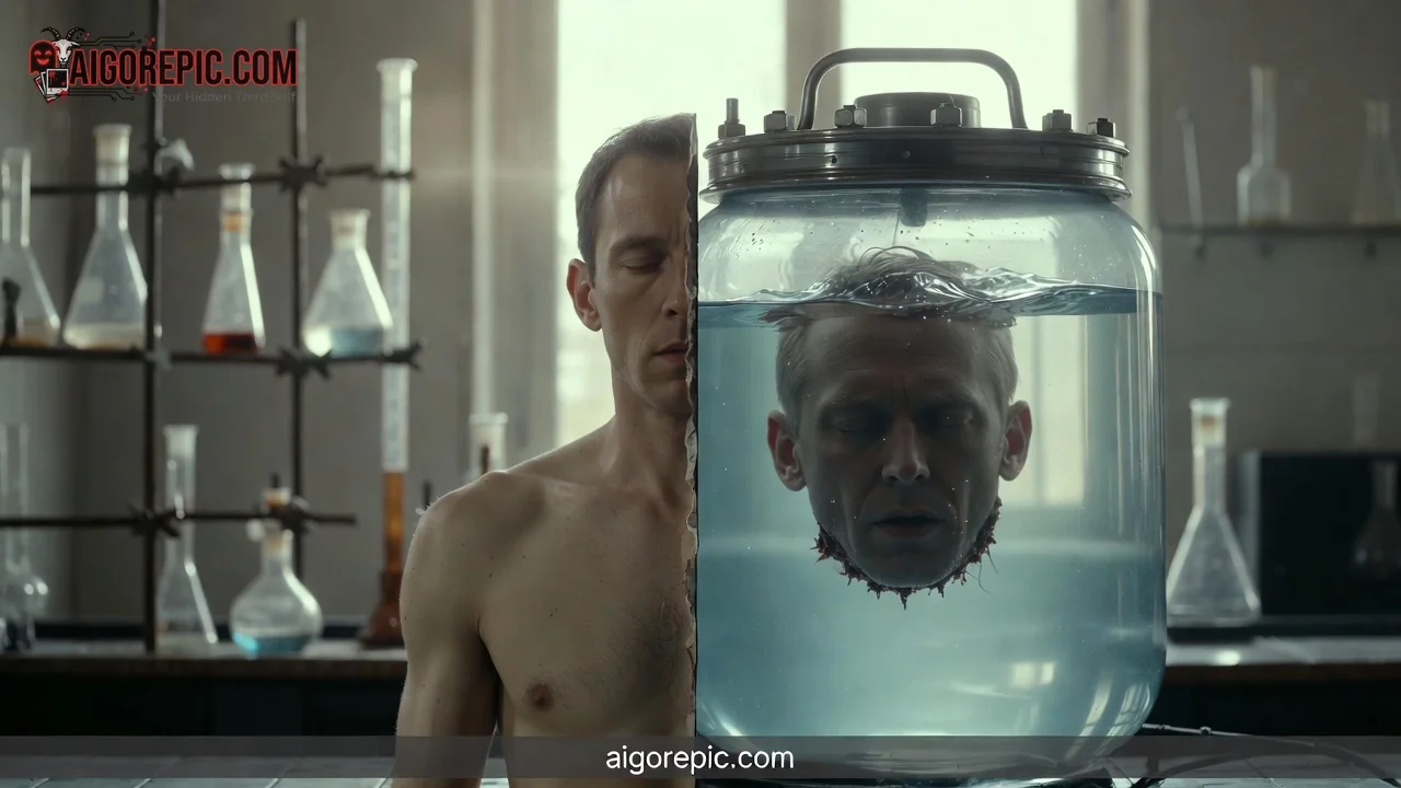 Man's Head in Laboratory Jar - AI Generated Horror