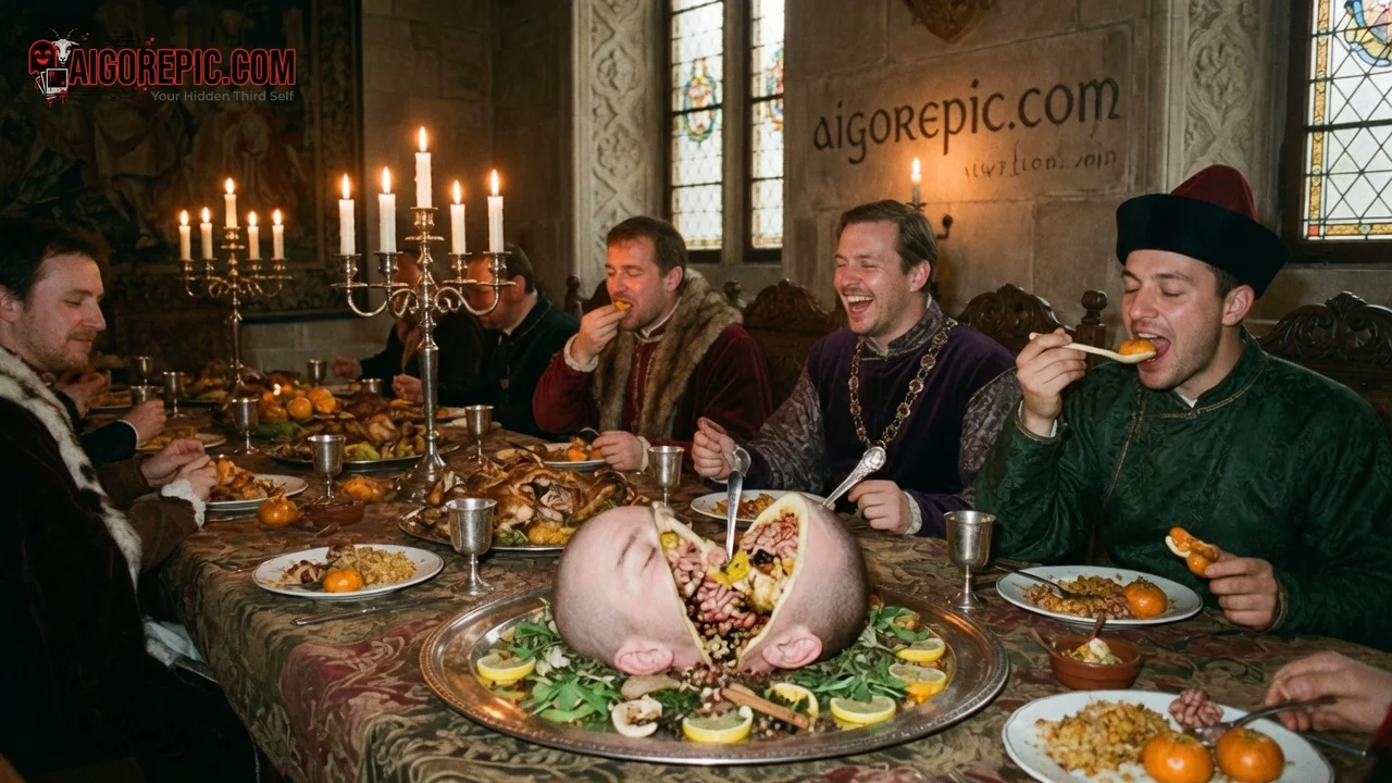 Medieval Feast with Human Head Dish - AI Generated Horror