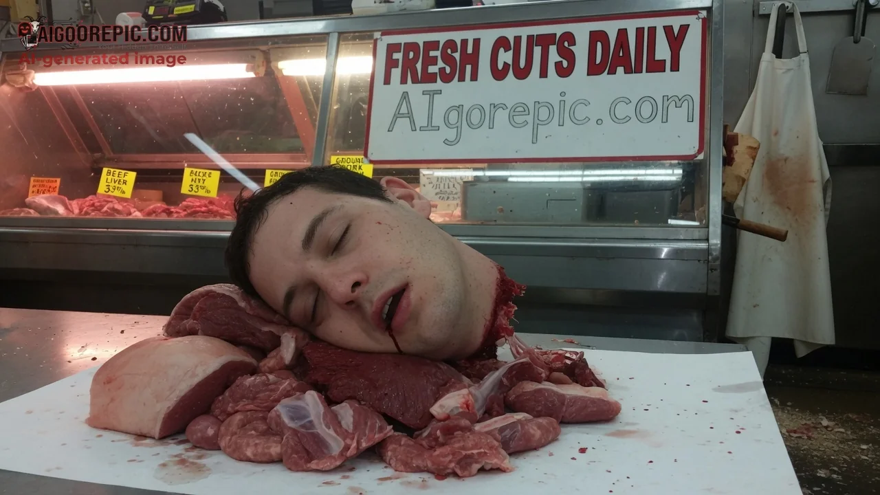 Severed Head in Butcher Shop - AI Generated Horror