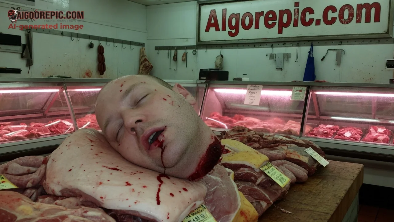 Severed Head in Butcher Shop - AI Generated Horror