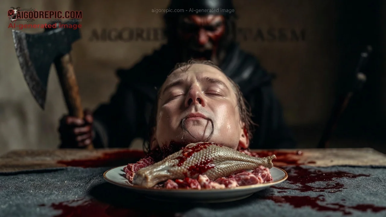 Severed Head on Bloody Fish Platter - AI Generated Horror