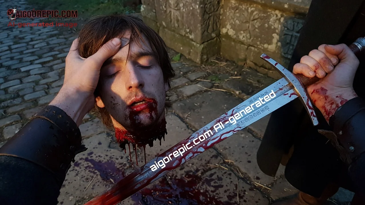 Severed Head on Bloody Sword - AI Generated Horror