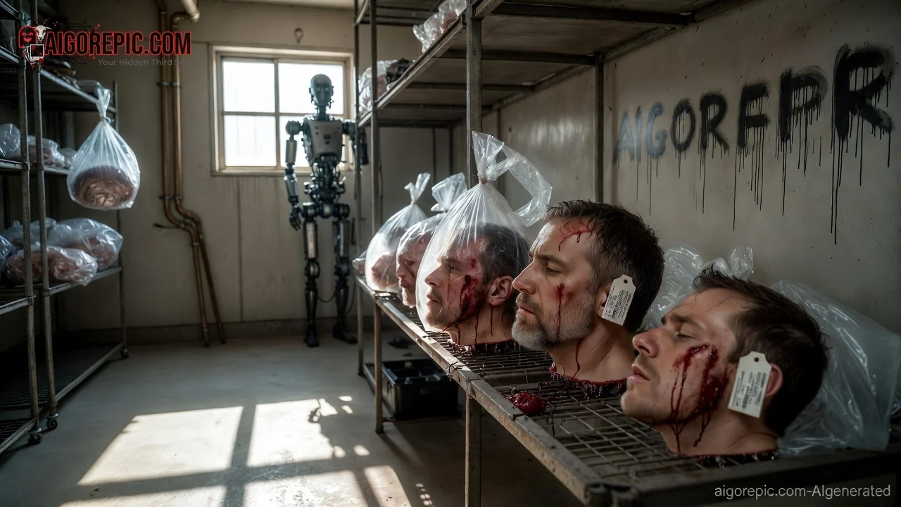Severed Heads on Metal Rack - AI Generated Horror