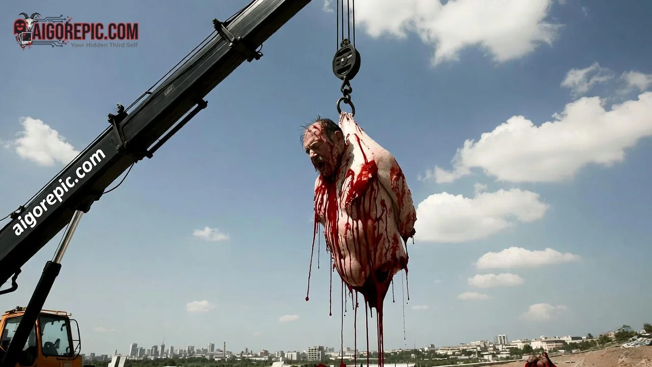 Bloody Corpse Hanged from Crane - AI Generated Horror