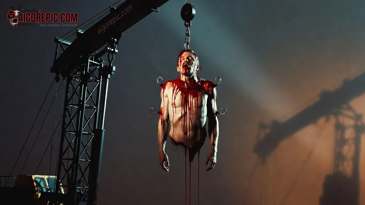Bloody Man Hanged by Crane - AI Generated Horror