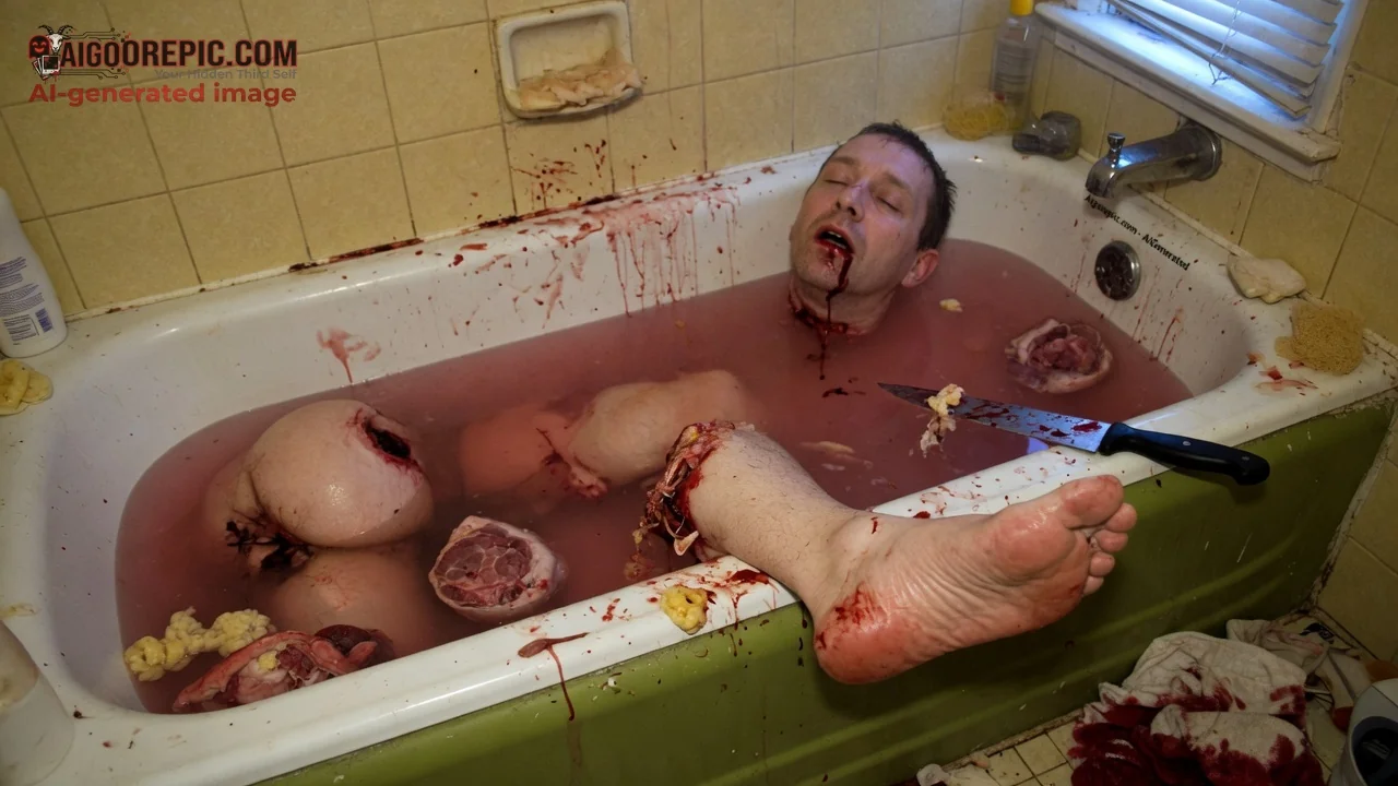 Gory Dismembered Man in Bathtub - AI Generated Horror