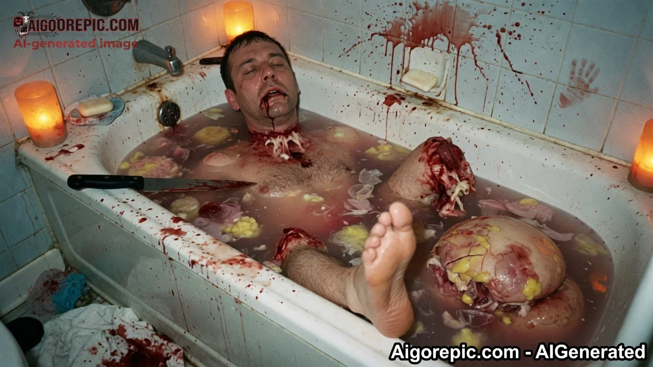Gory Man in Bloody Bathtub - AI Generated Horror