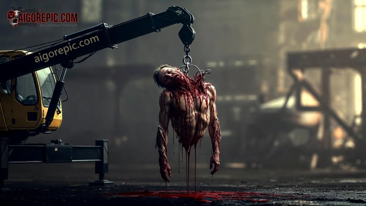 Hanged Man Bloodied by Crane - AI Generated Horror