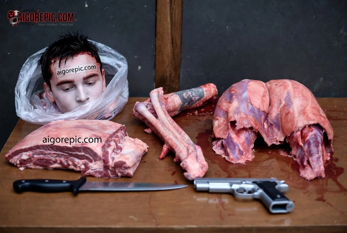 Head in Plastic with Meat - AI Generated Horror