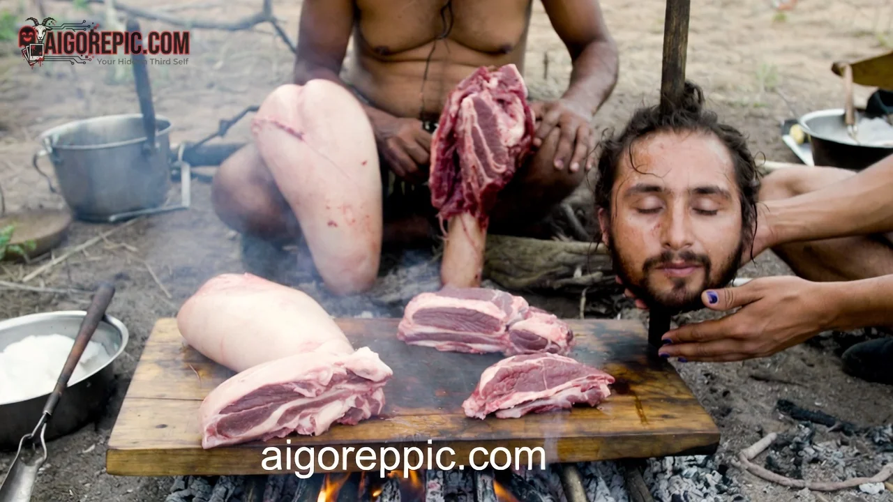 Indigenous Man Butchering Meat Outdoors - AI Generated Horror