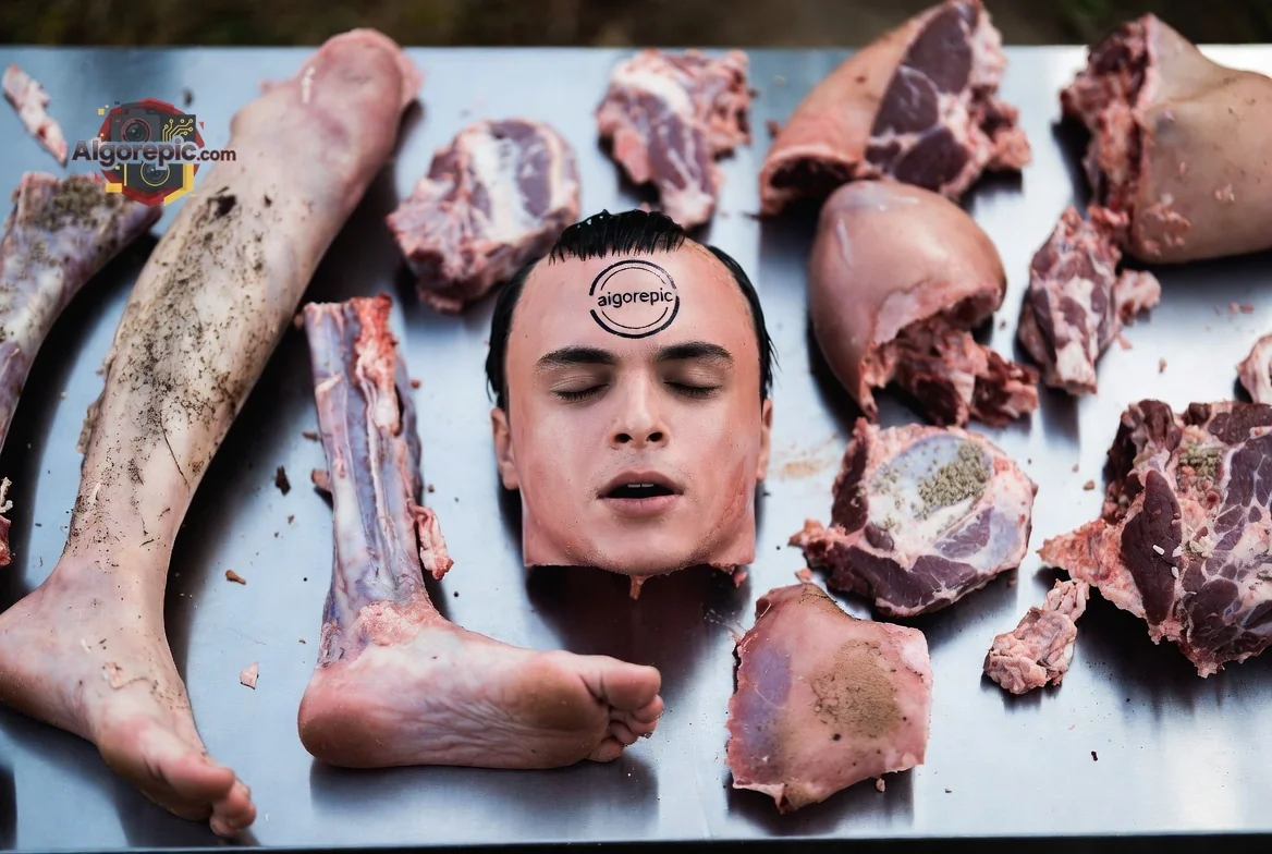 Man Amidst Butcher Cuts - AI Generated Horror