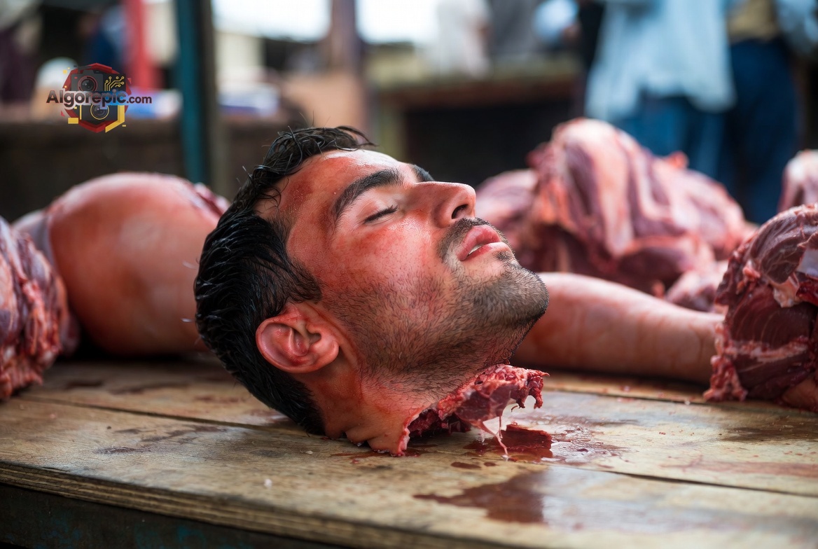 Man Among Meat Display - AI Generated Horror