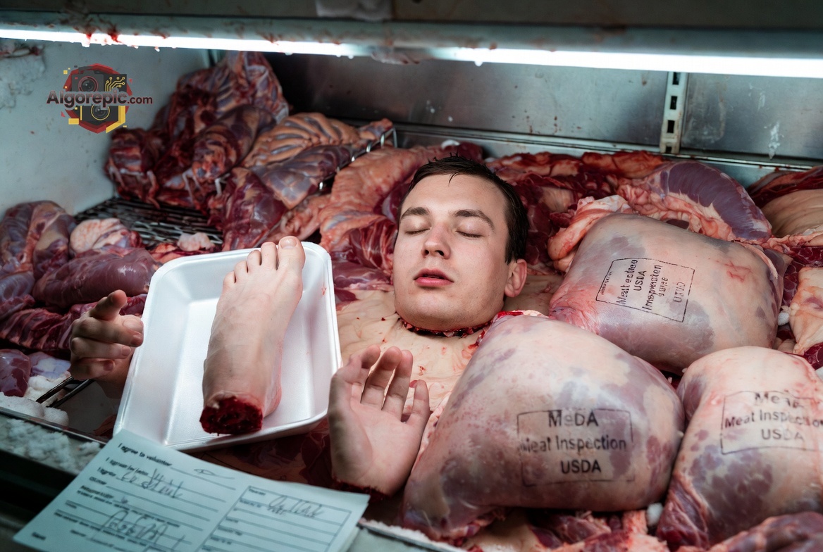 Man in Meat Display - AI Generated Horror