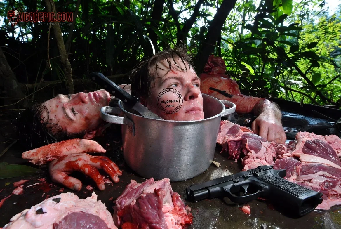Man in Pot with Meat - AI Generated Horror