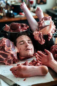 Man Surrounded by Raw Meat