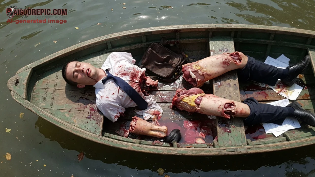 Mangled Businessman in Bloody Boat - AI Generated Horror