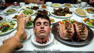Severed Head on Dinner Table
