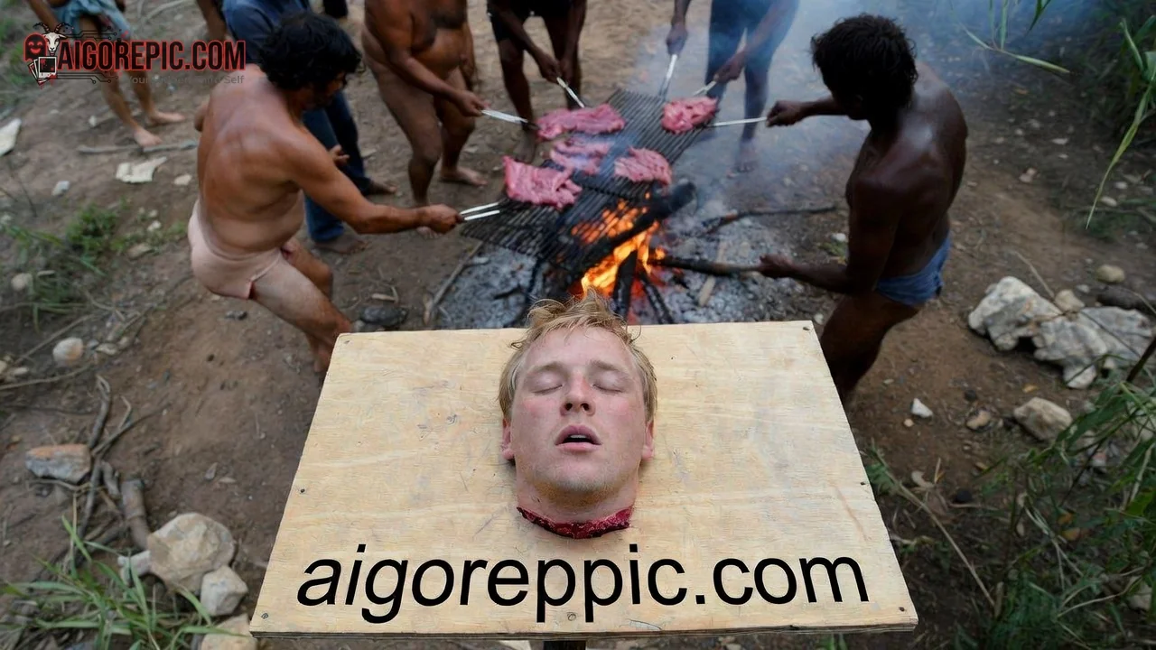 Tribal Men Grill Severed Head - AI Generated Horror