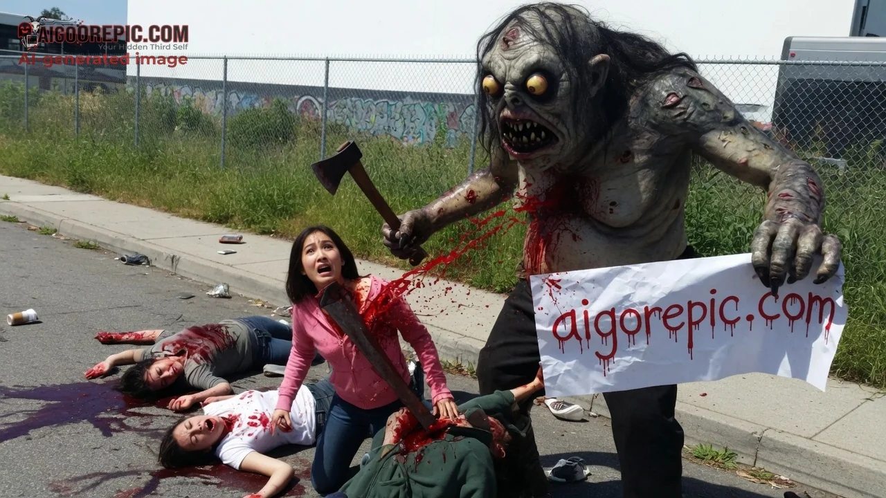 Zombie Attacks Victims Street Scene - AI Generated Horror
