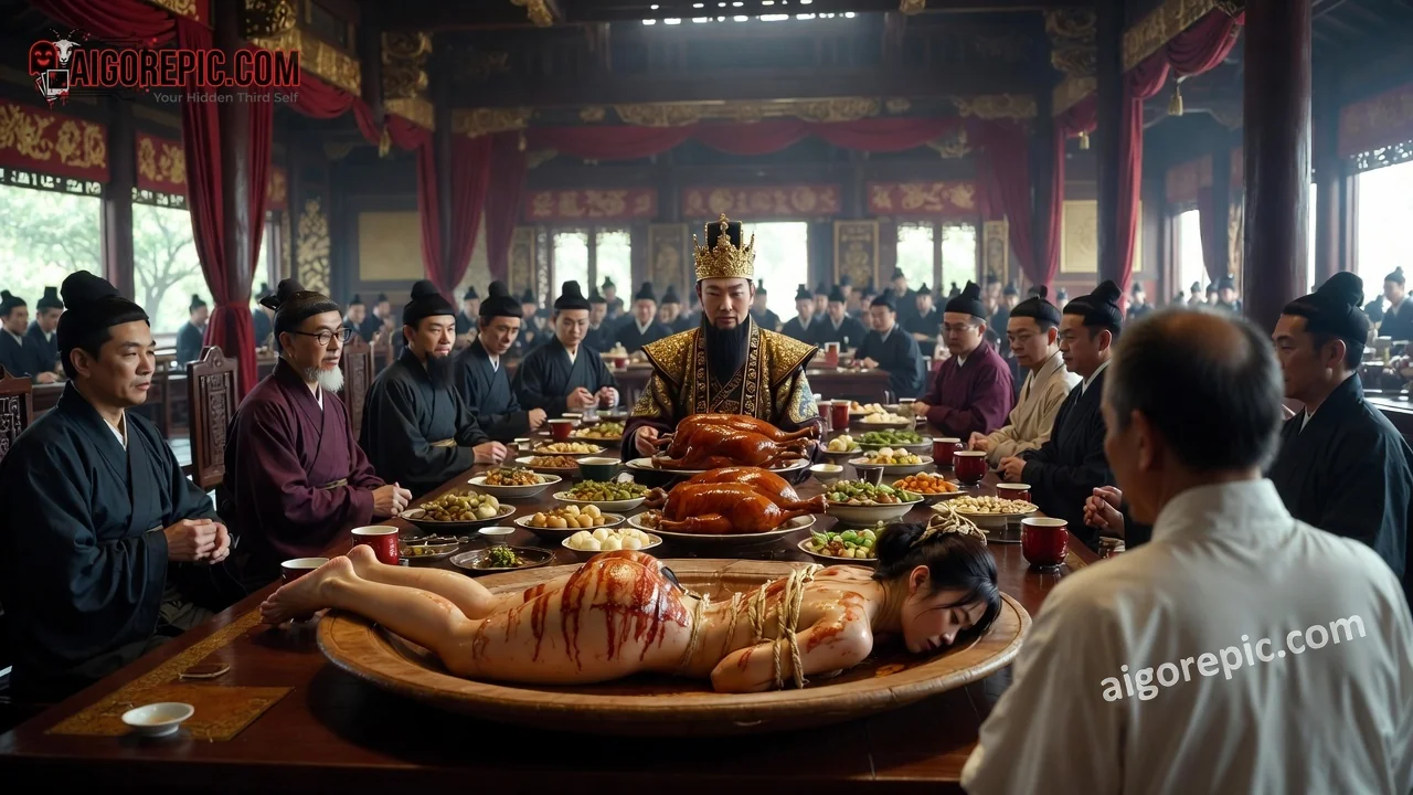 Banquet with Bound Woman - AI Generated Horror