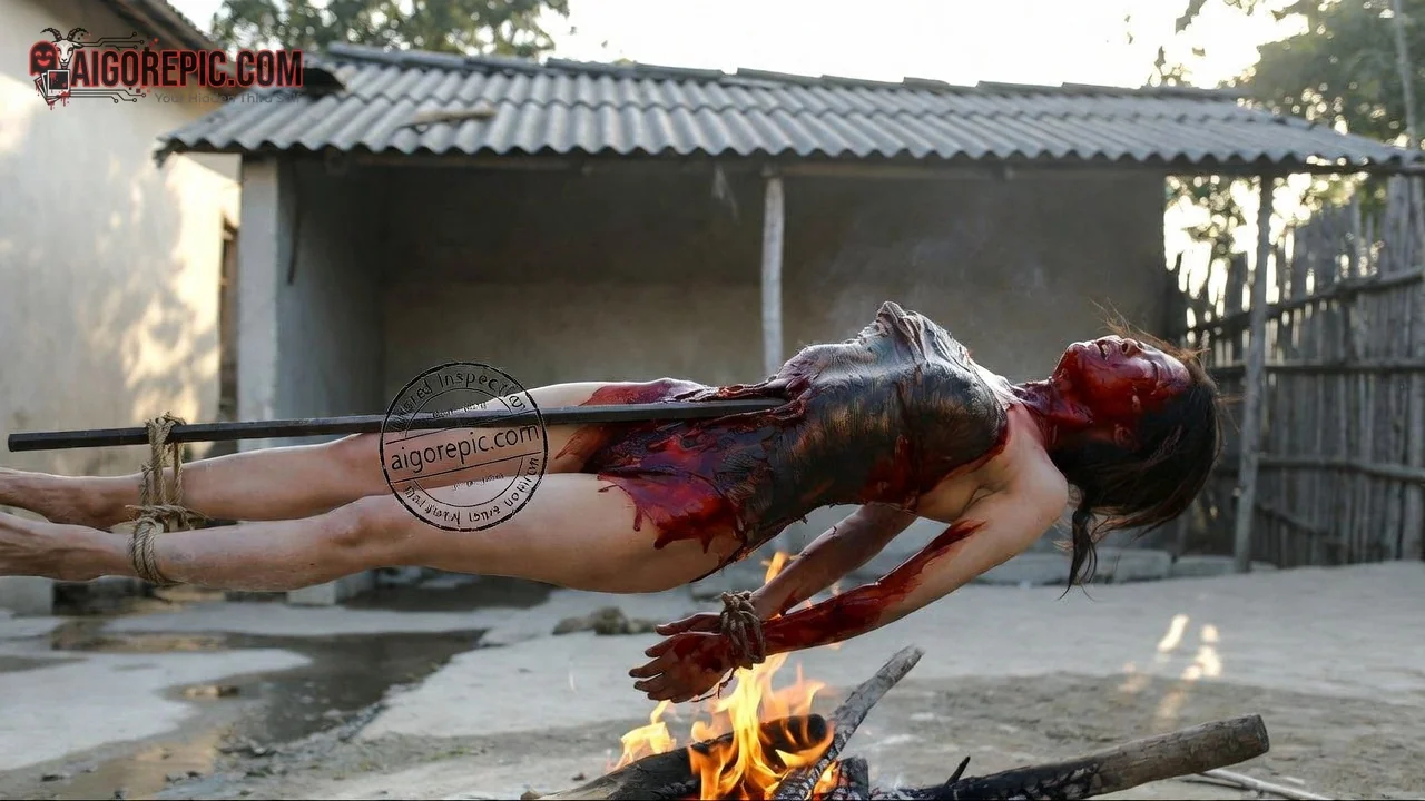 Bound Woman Over Fire - AI Generated Horror