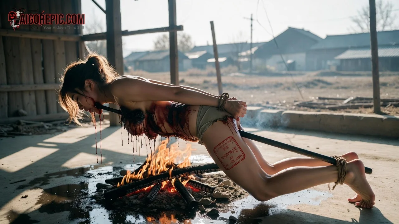 Bound Woman Over Fire - AI Generated Horror