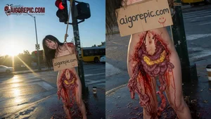 Gory Woman at Urban Crosswalk