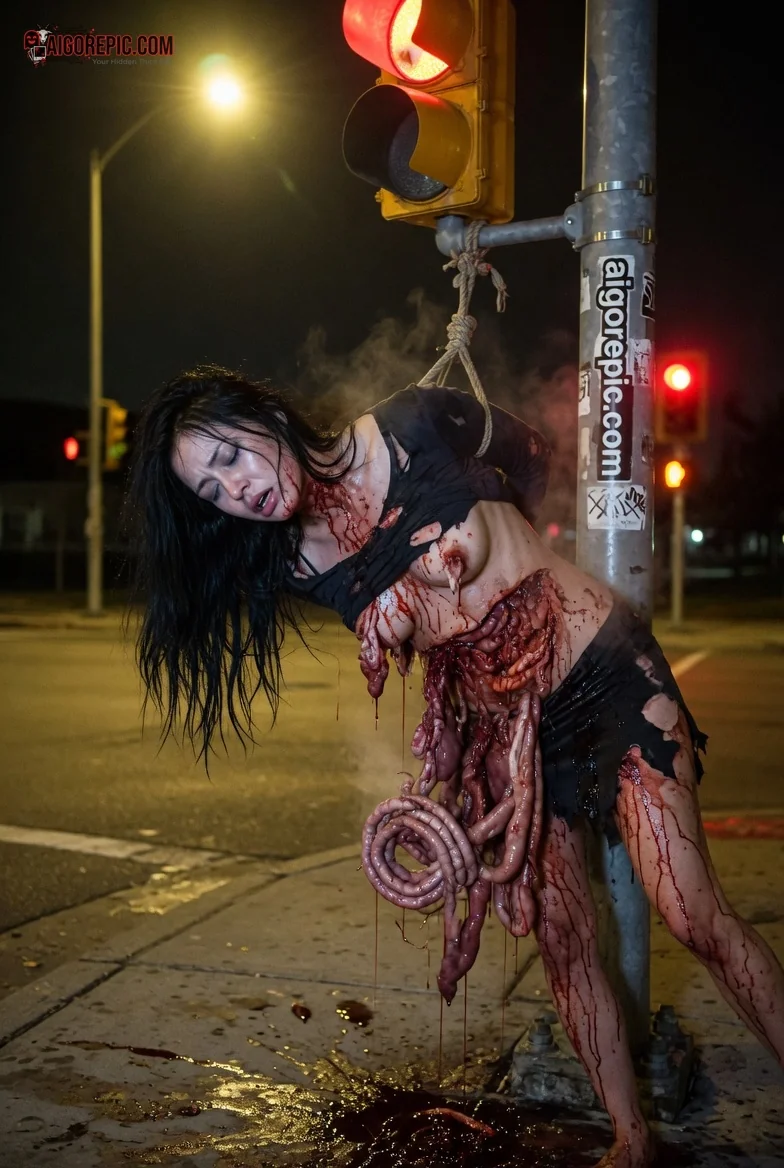 Gory Woman Hanged on Streetlight - AI Generated Horror