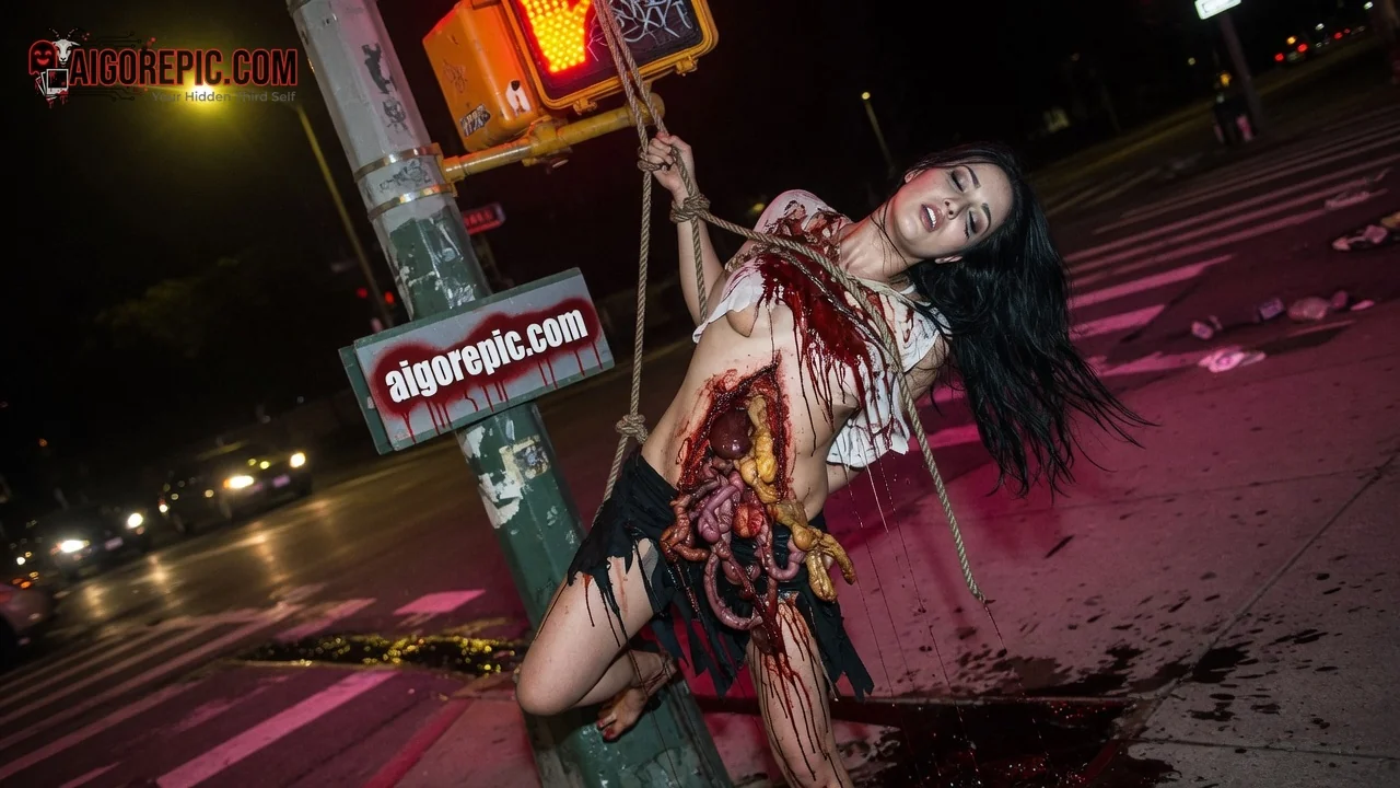 Gory Woman Hanging at Crosswalk - AI Generated Horror