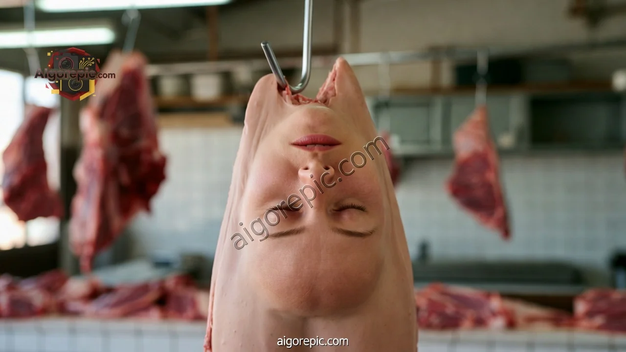 Hanging Meat in Butcher Shop - AI Generated Horror