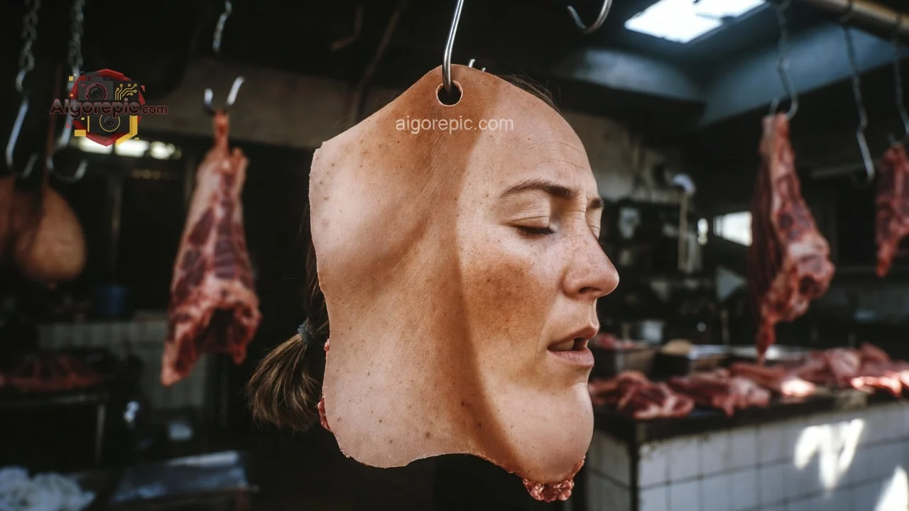 Human Face Mask in Butcher Shop - AI Generated Horror